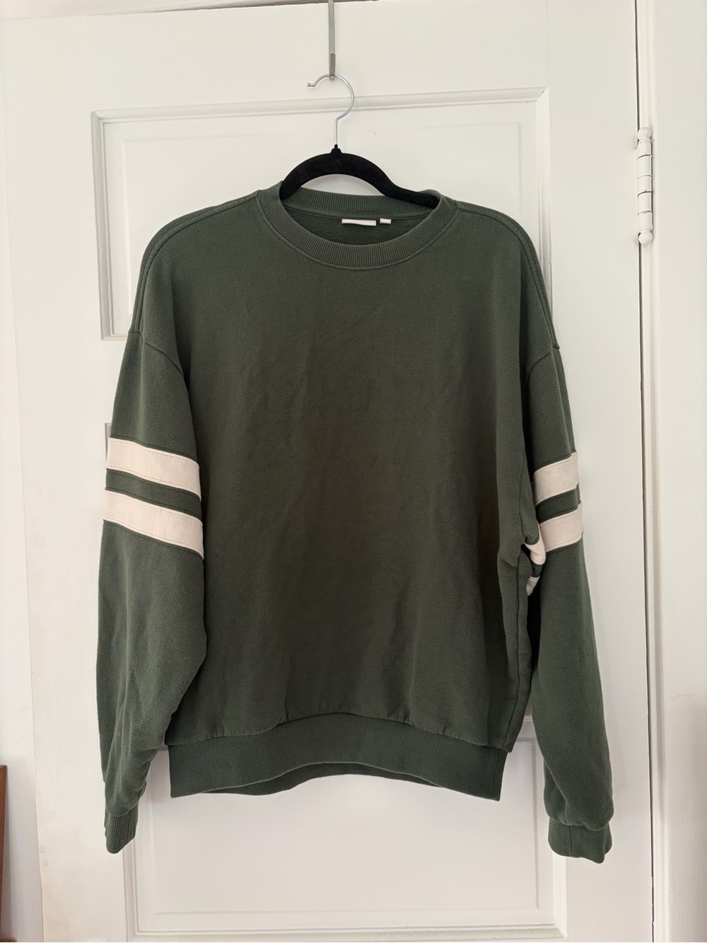 Clare V. Oversized Varsity Sweatshirt in Olive Green with White Sleeve Stripes